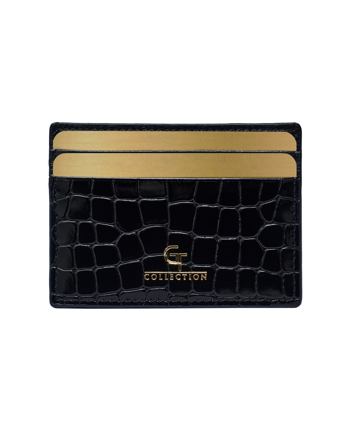 Black croc-embossed leather card holder with open slot and gold G COLLECTION logo