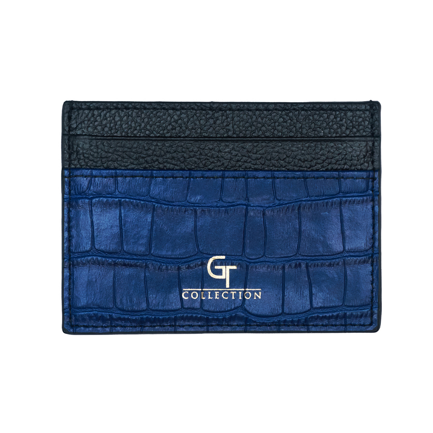Men's Shiny Croc-Print Card Holder - Blue Genuine Leather