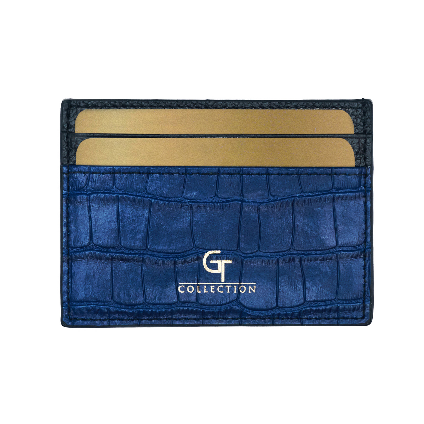 Men's Shiny Croc-Print Card Holder - Blue Genuine Leather