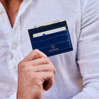 Men's Shiny Croc-Print Card Holder - Blue Genuine Leather