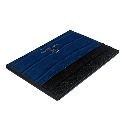Men's Shiny Croc-Print Card Holder - Blue Genuine Leather