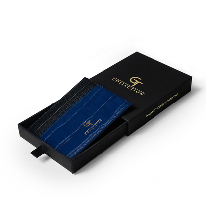Men's Shiny Croc-Print Card Holder - Blue Genuine Leather