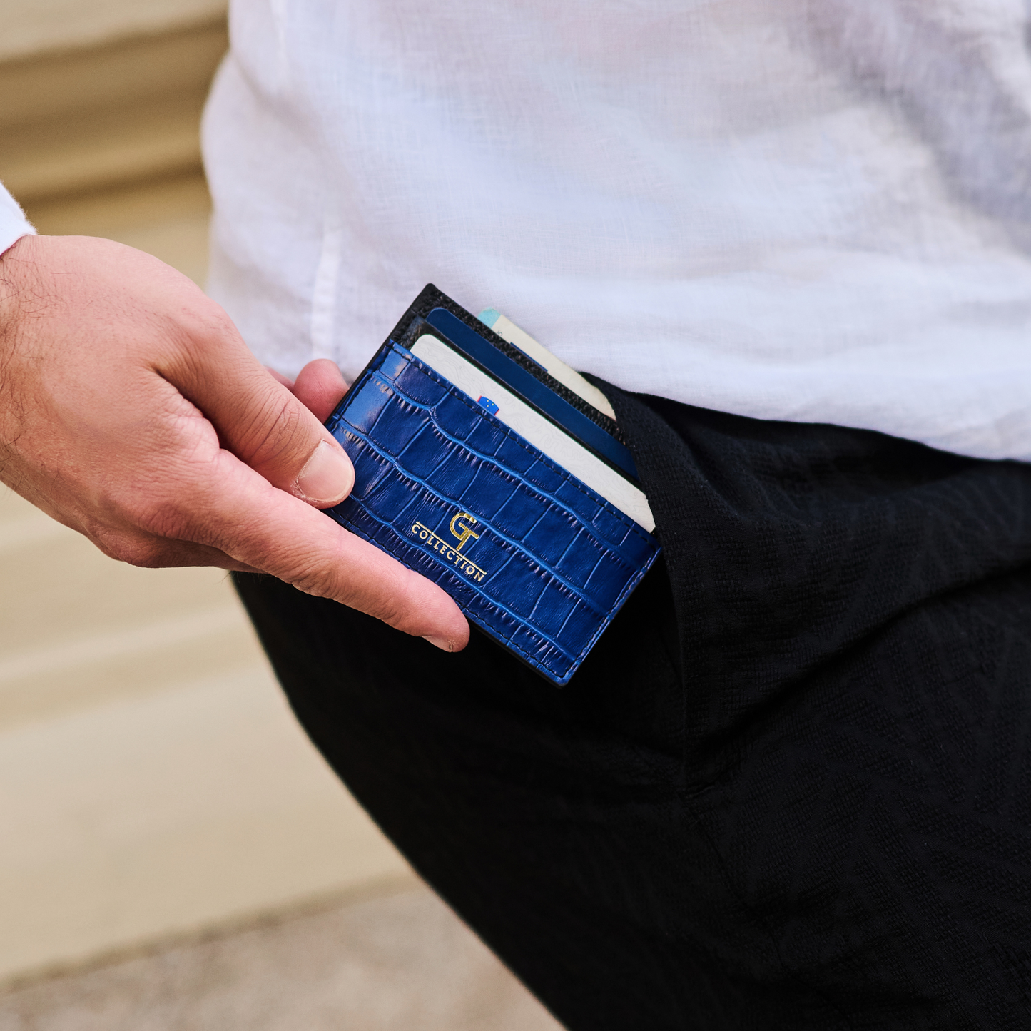 Men's Shiny Croc-Print Card Holder - Blue Genuine Leather