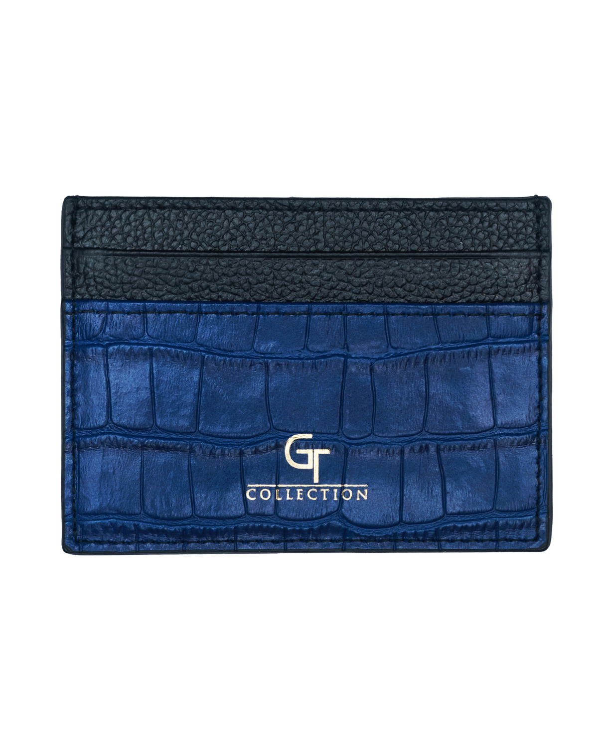 Blue croc-embossed leather card holder front view with G Collection logo.