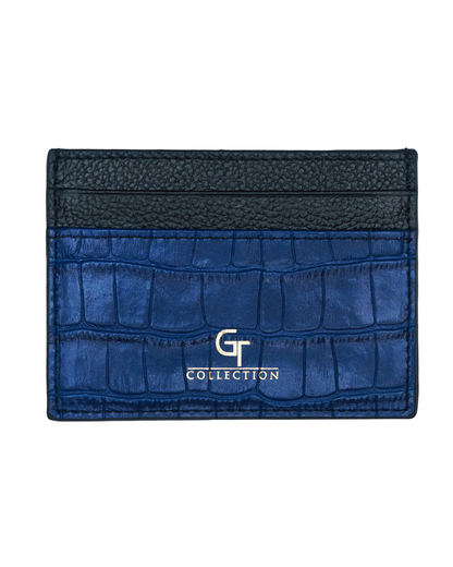 Blue croc-embossed leather card holder front view with G Collection logo.