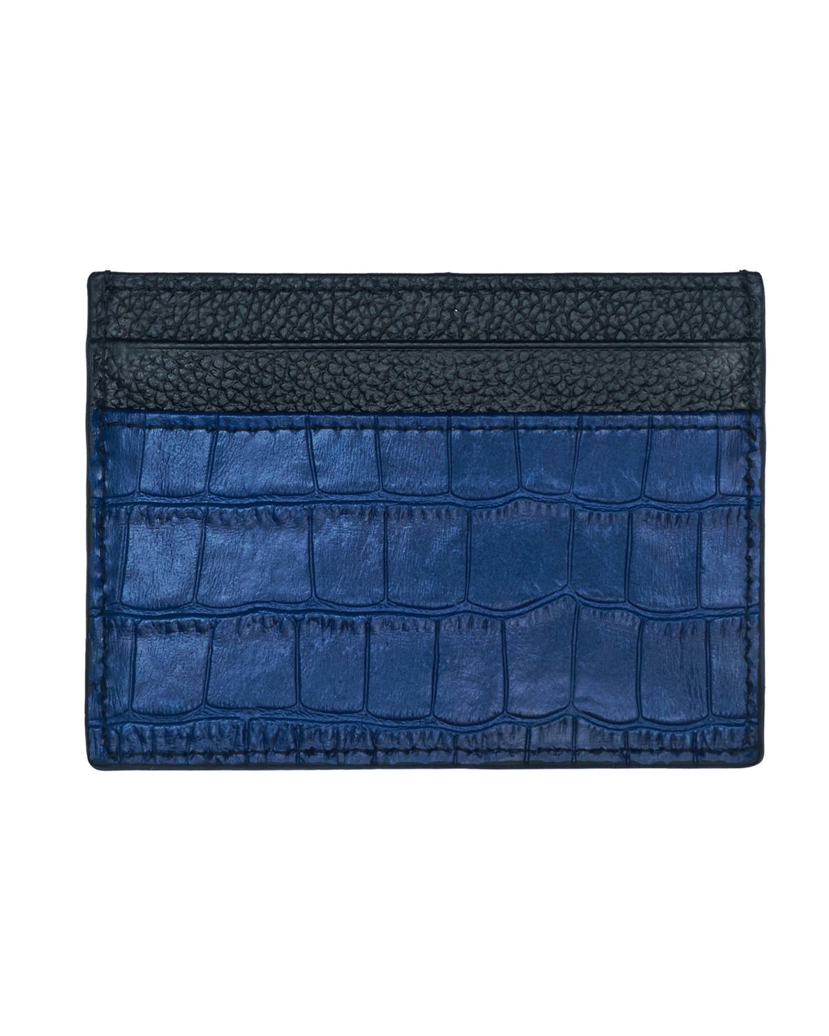 Blue croc-embossed leather card holder with black top border and card slots.