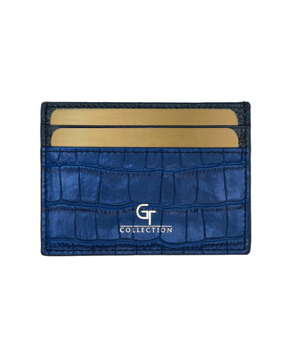Blue croc-embossed leather card holder with two card slots and front logo.