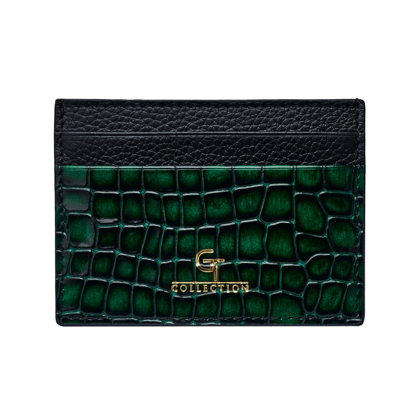 Men's Shiny Croc-Print Card Holder - Green Genuine Leather