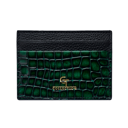 Men's Shiny Croc-Print Card Holder - Green Genuine Leather