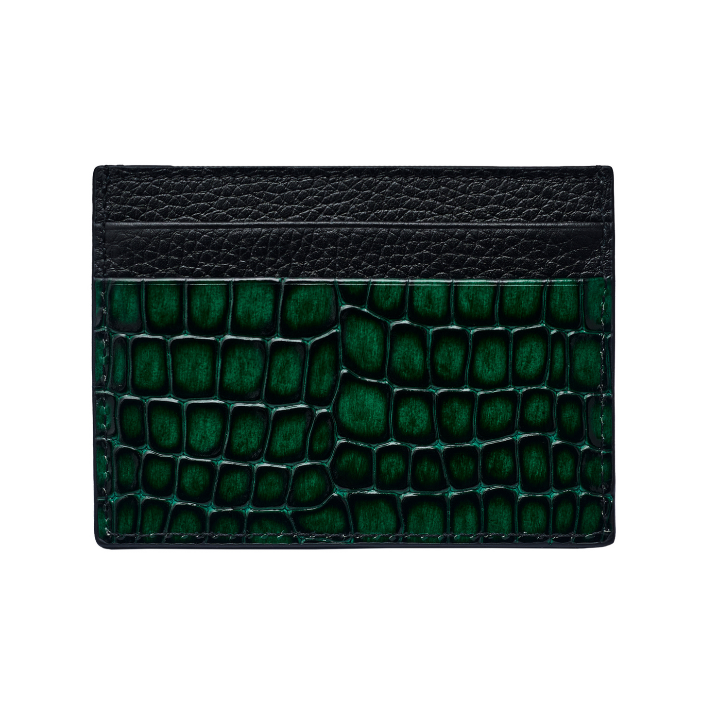 Men's Shiny Croc-Print Card Holder - Green Genuine Leather