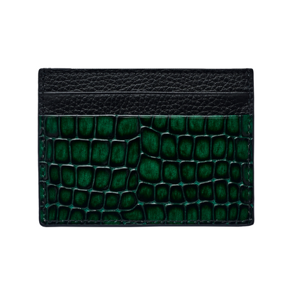 Men's Shiny Croc-Print Card Holder - Green Genuine Leather