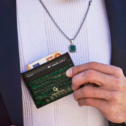 Men's Shiny Croc-Print Card Holder - Green Genuine Leather