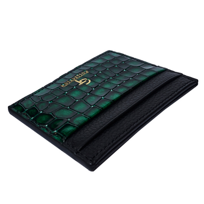 Men's Shiny Croc-Print Card Holder - Green Genuine Leather
