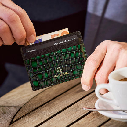 Men's Shiny Croc-Print Card Holder - Green Genuine Leather