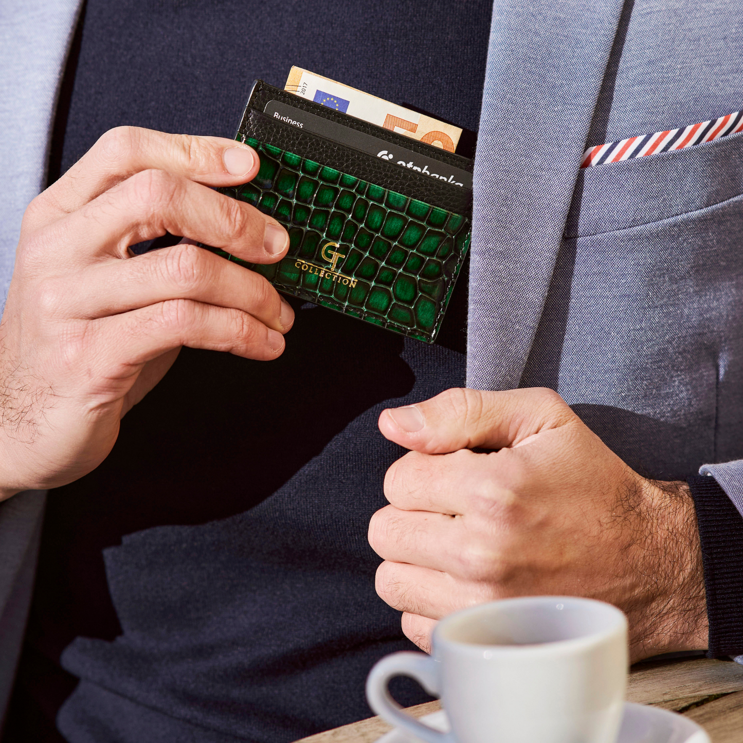 Men's Shiny Croc-Print Card Holder - Green Genuine Leather