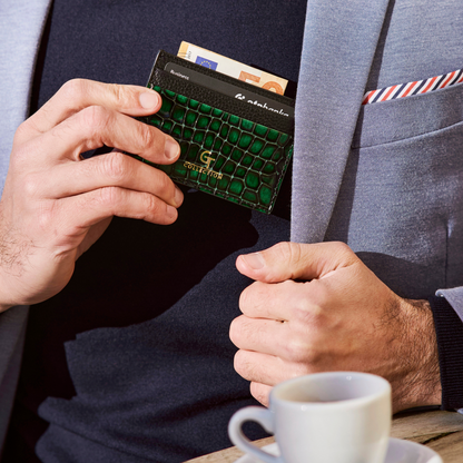 Men's Shiny Croc-Print Card Holder - Green Genuine Leather