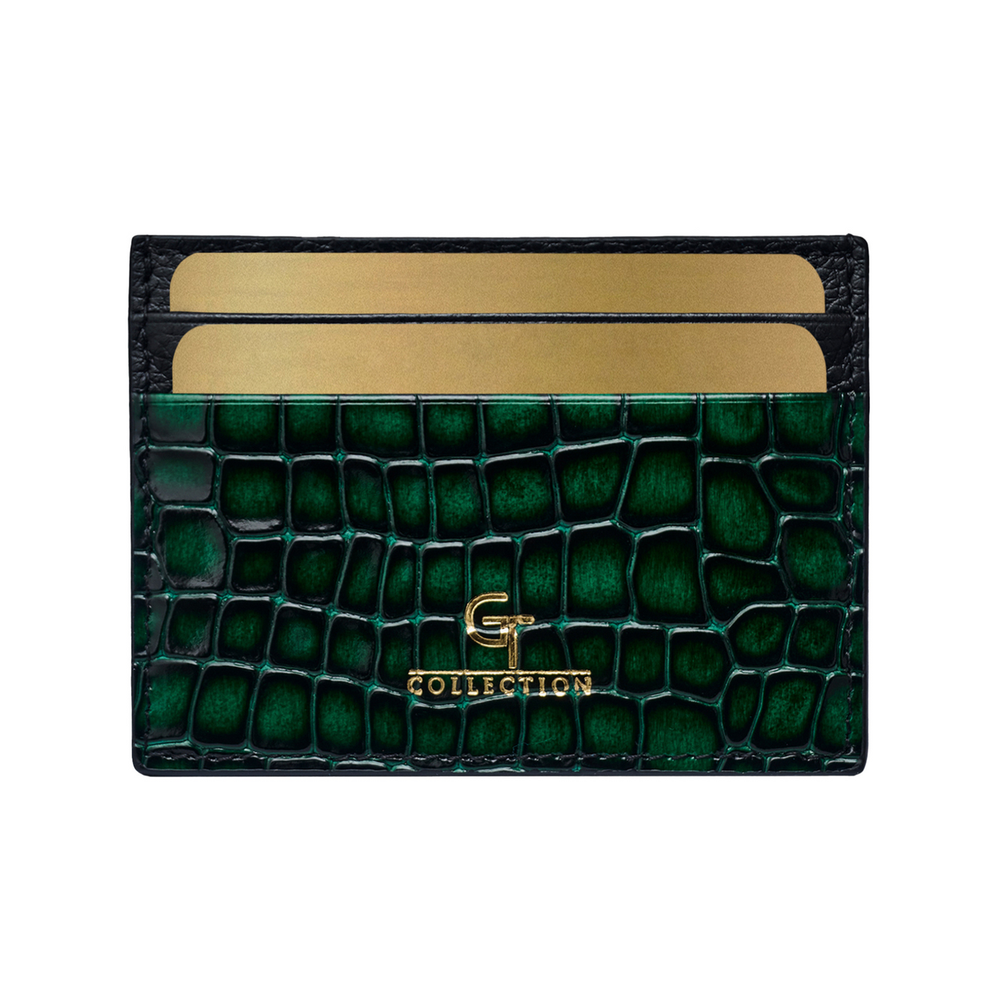 Men's Shiny Croc-Print Card Holder - Green Genuine Leather