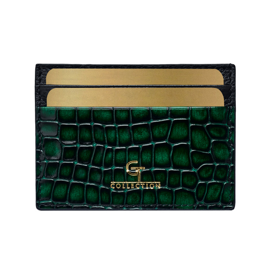 Men's Shiny Croc-Print Card Holder - Green Genuine Leather