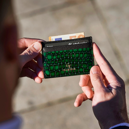 Men's Shiny Croc-Print Card Holder - Green Genuine Leather