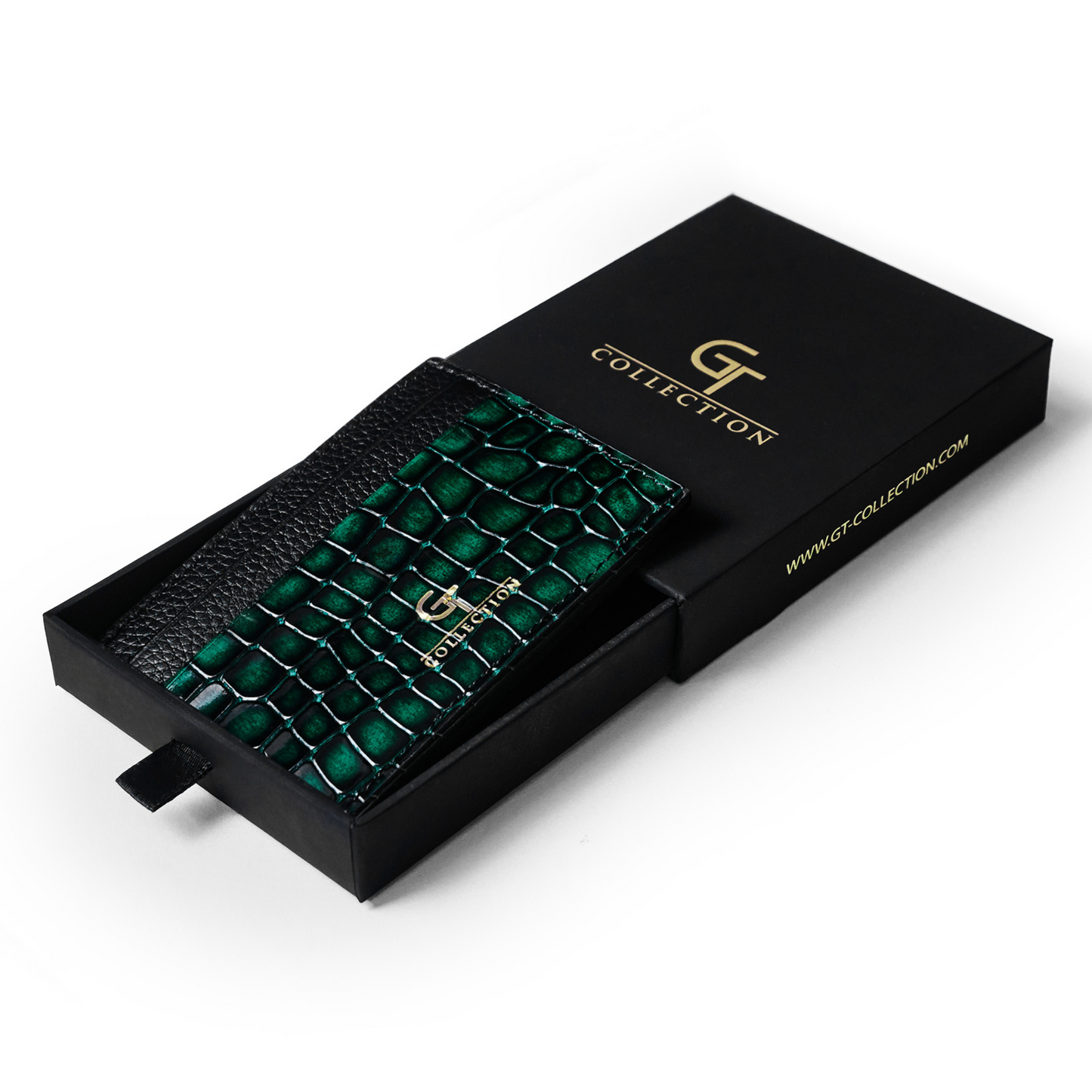 Men's Shiny Croc-Print Card Holder - Green Genuine Leather