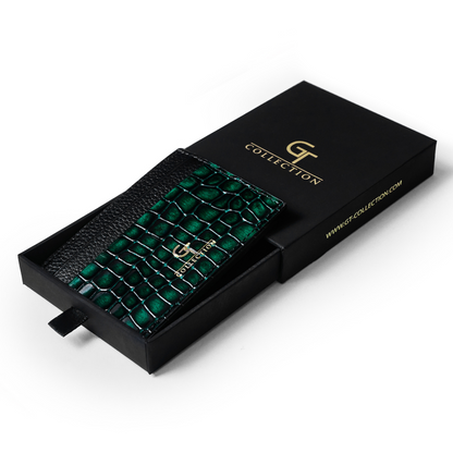 Men's Shiny Croc-Print Card Holder - Green Genuine Leather
