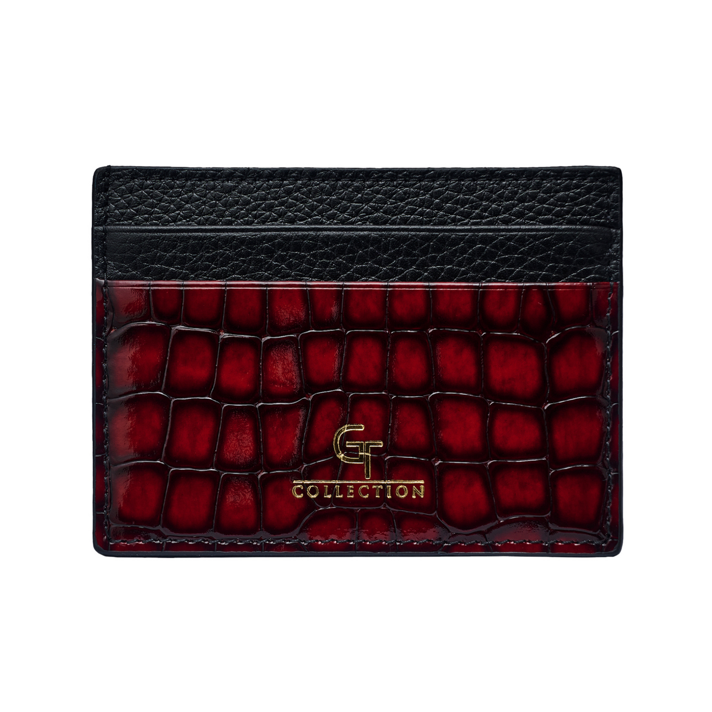 Men's Shiny Croc-Print Card Holder - Red Genuine Leather
