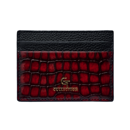 Men's Shiny Croc-Print Card Holder - Red Genuine Leather