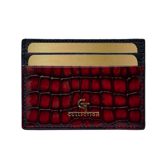 Men's Shiny Croc-Print Card Holder - Red Genuine Leather