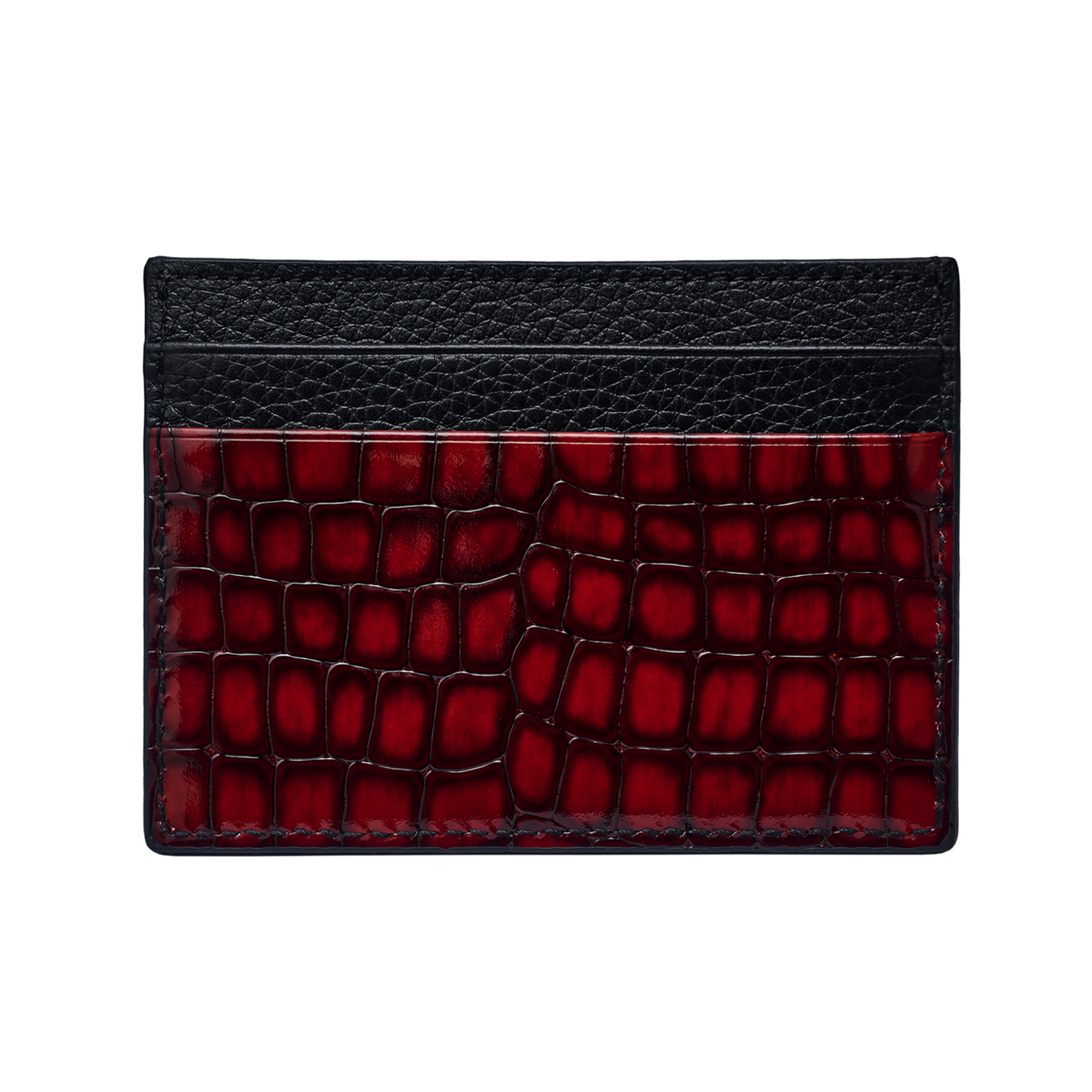 Men's Shiny Croc-Print Card Holder - Red Genuine Leather