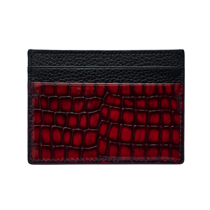 Men's Shiny Croc-Print Card Holder - Red Genuine Leather