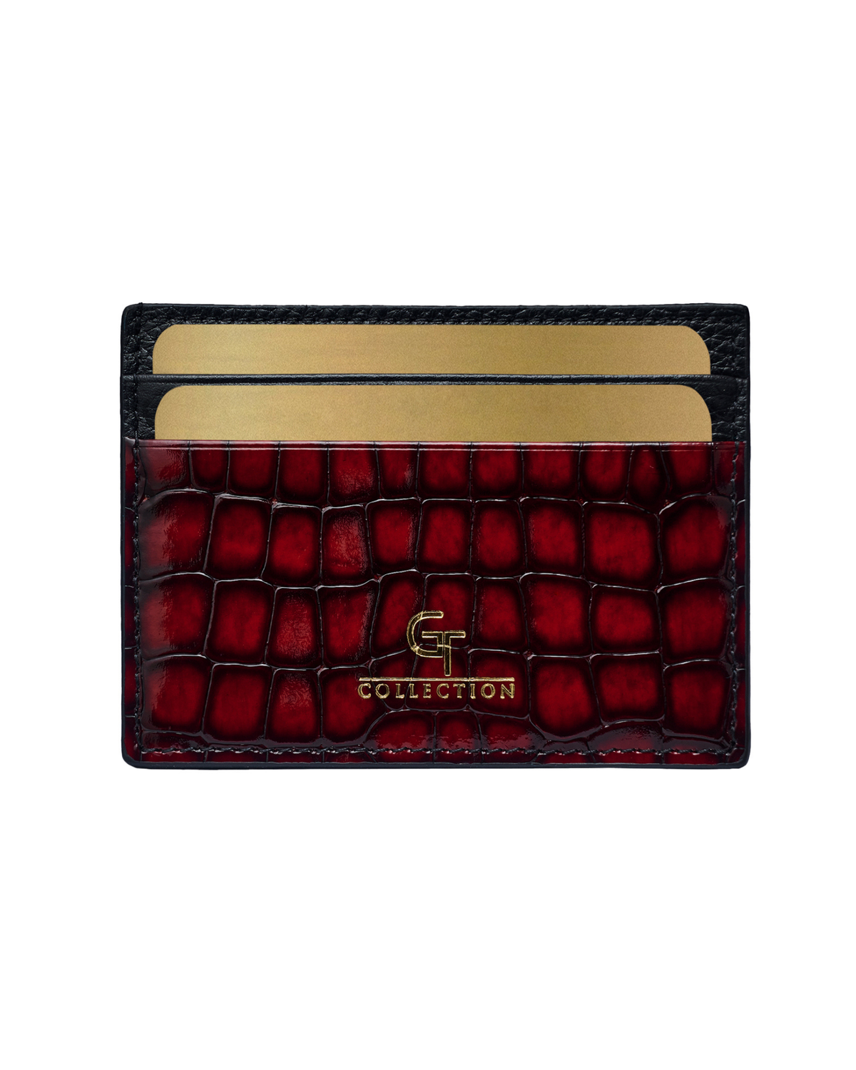 Red croc-embossed leather card holder with black trim and gold logo, two card slots.