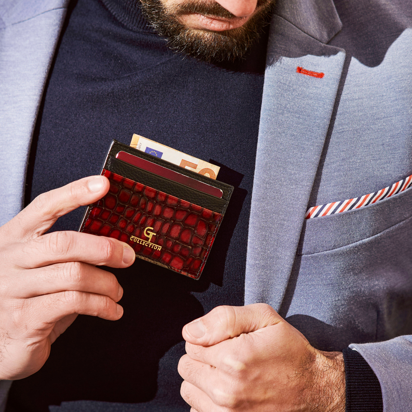 Men's Shiny Croc-Print Card Holder - Red Genuine Leather