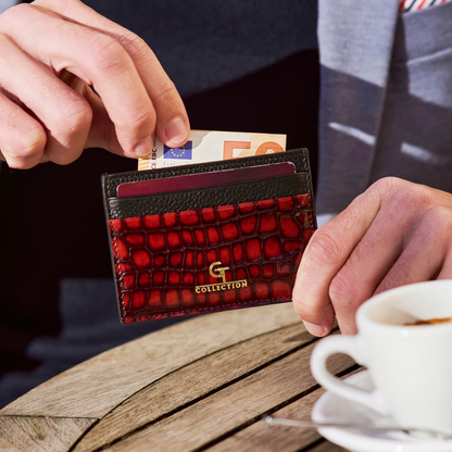 Men's Shiny Croc-Print Card Holder - Red Genuine Leather
