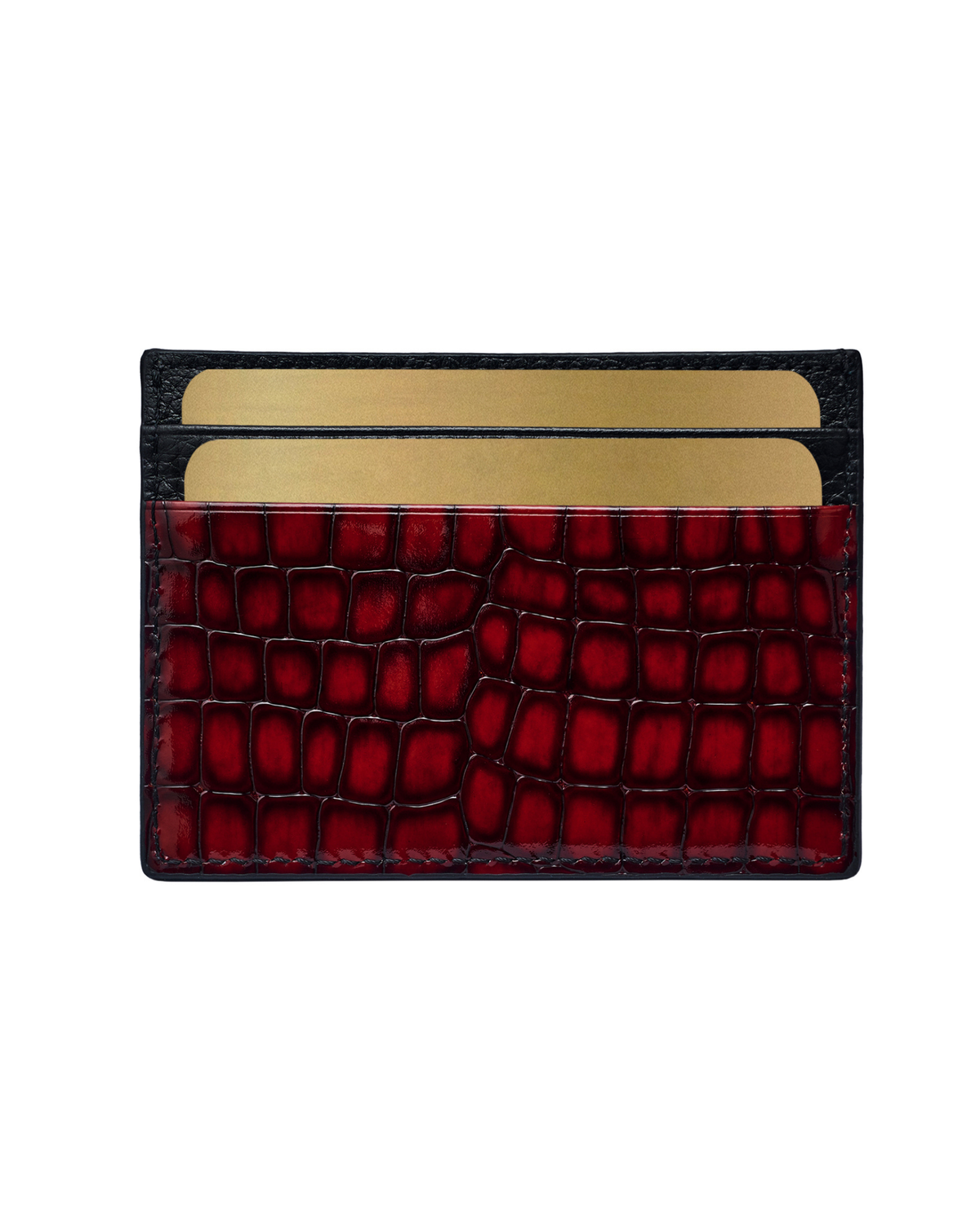 Red croc-embossed leather card holder with black trim and gold logo, front view.