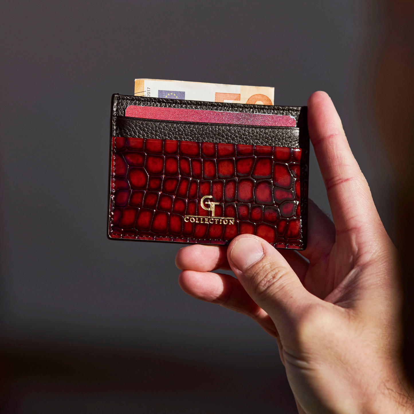 Men's Shiny Croc-Print Card Holder - Red Genuine Leather