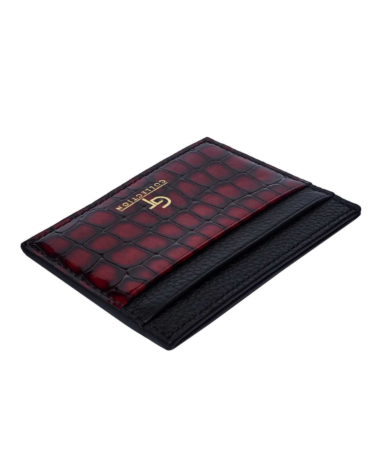 Slim red croc-embossed leather card holder with black edge, gold logo on top.