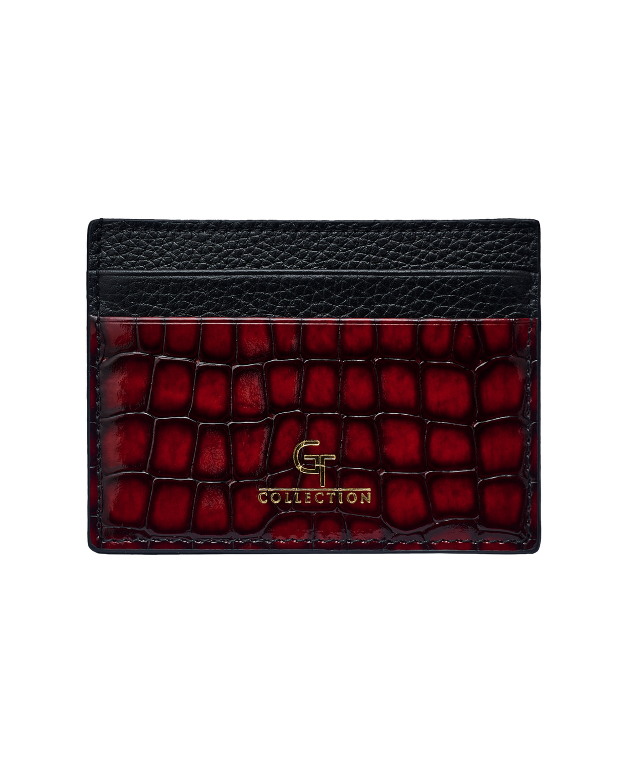 Red croc-embossed leather card holder with textured black top and gold logo.
