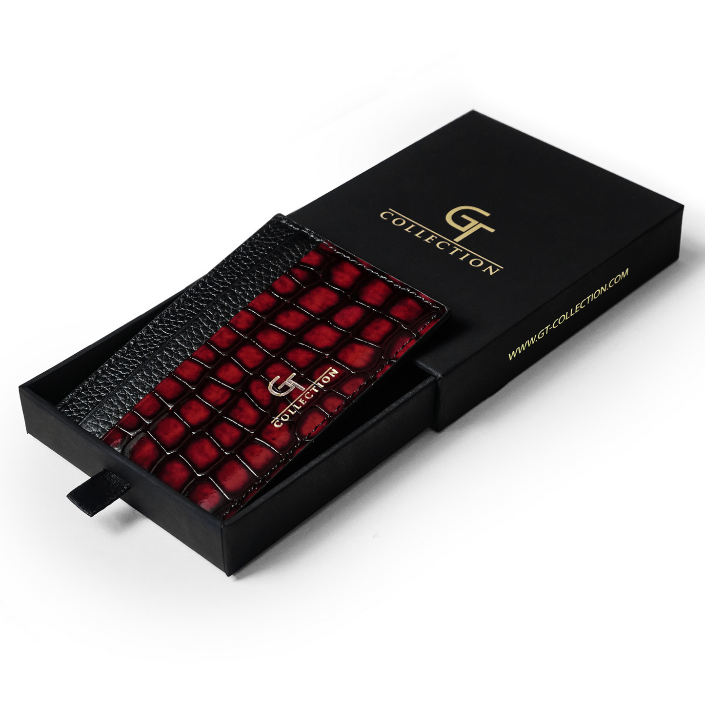 Men's Shiny Croc-Print Card Holder - Red Genuine Leather