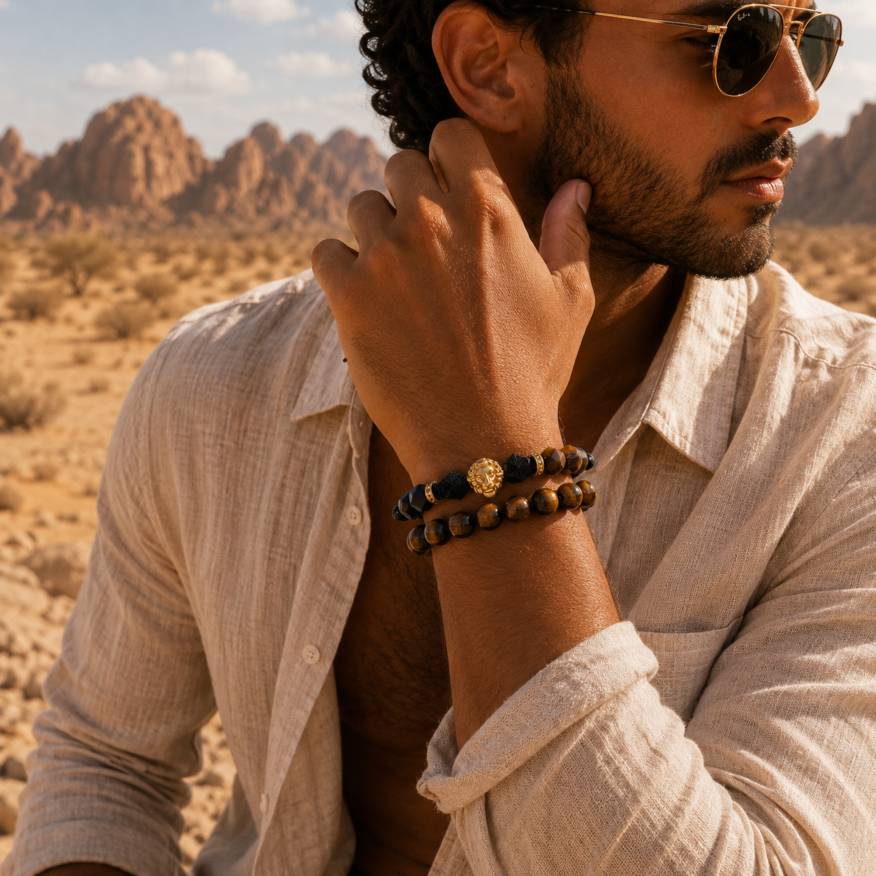 2 Piece Leadership Set | Men's Tiger Eye Lion Bracelet Stack