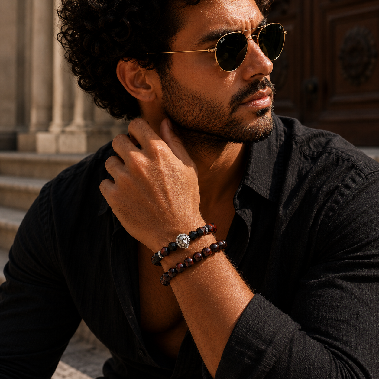 2 Piece Momentum Set | Men's Red Tiger Eye Lion Bracelet Stack