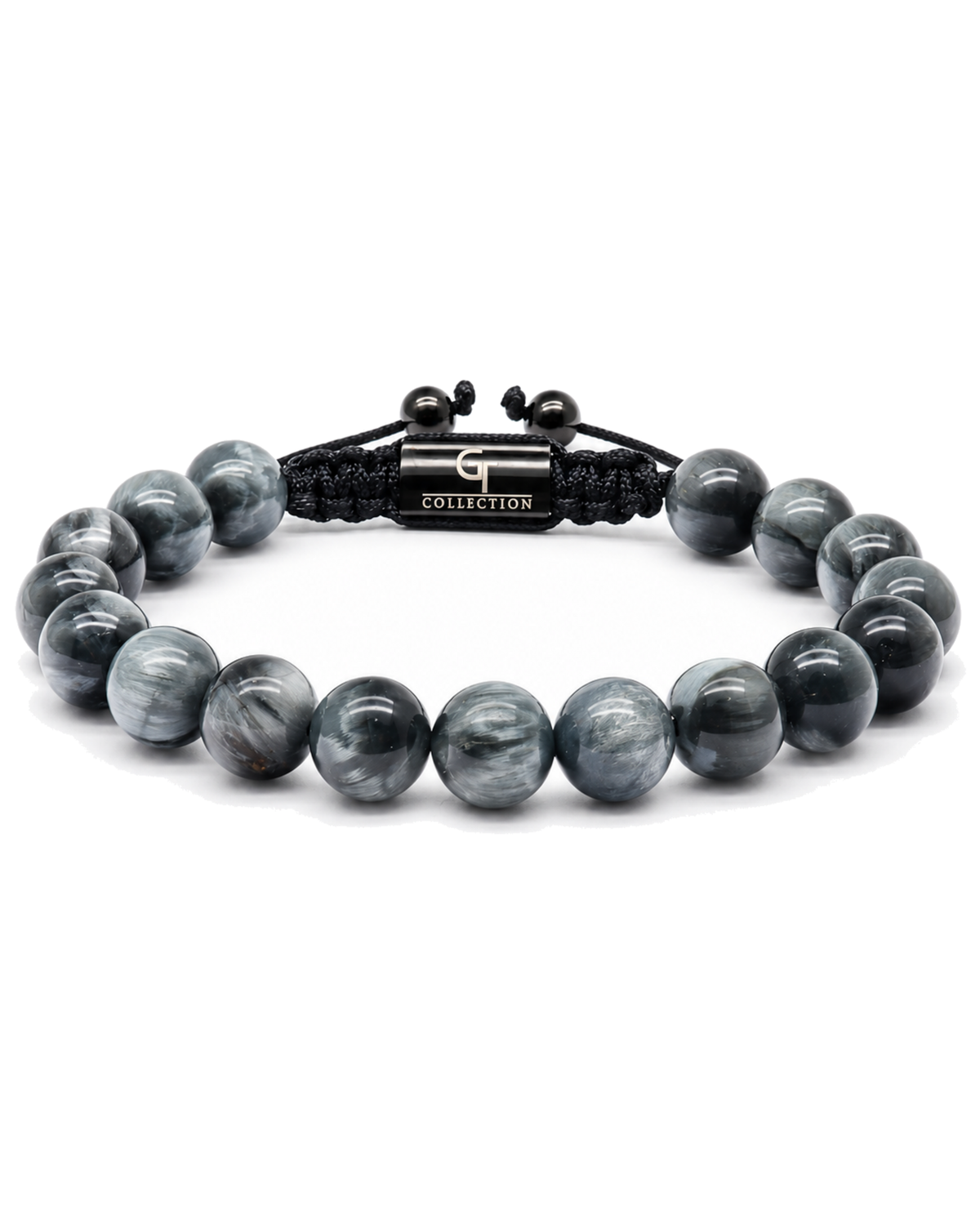 Gray beaded bracelet with black cord center plate and adjustable knot Main image