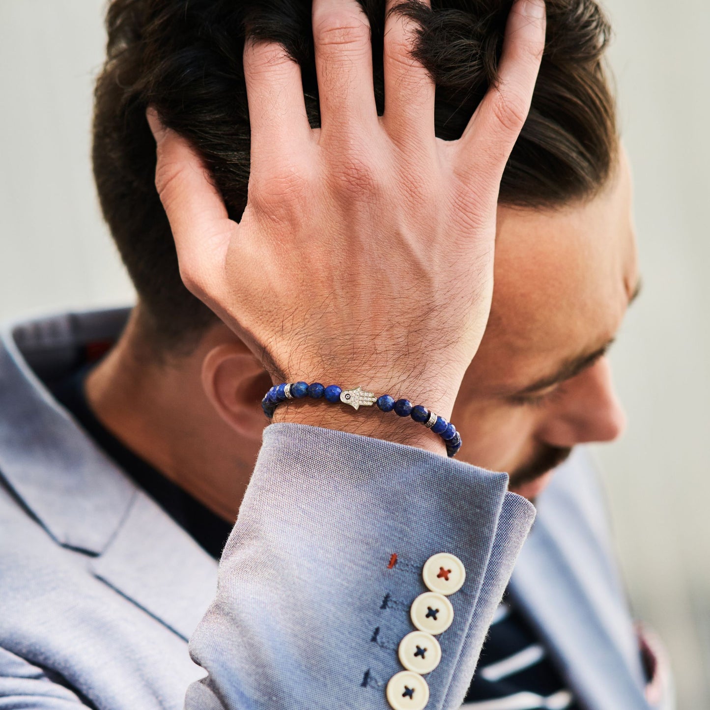 Men's LAPIS LAZULI Bracelet with Silver HAMSA Hand