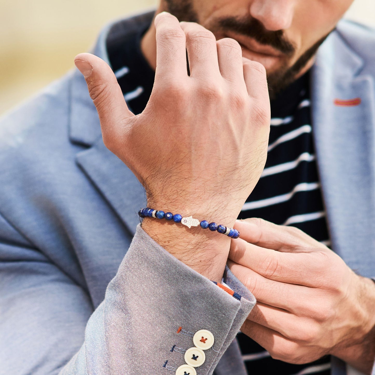 Men's LAPIS LAZULI Bracelet with Silver HAMSA Hand