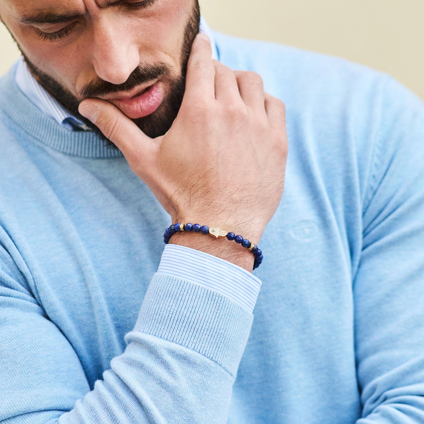 Men's LAPIS LAZULI Bracelet with Golden HAMSA Hand