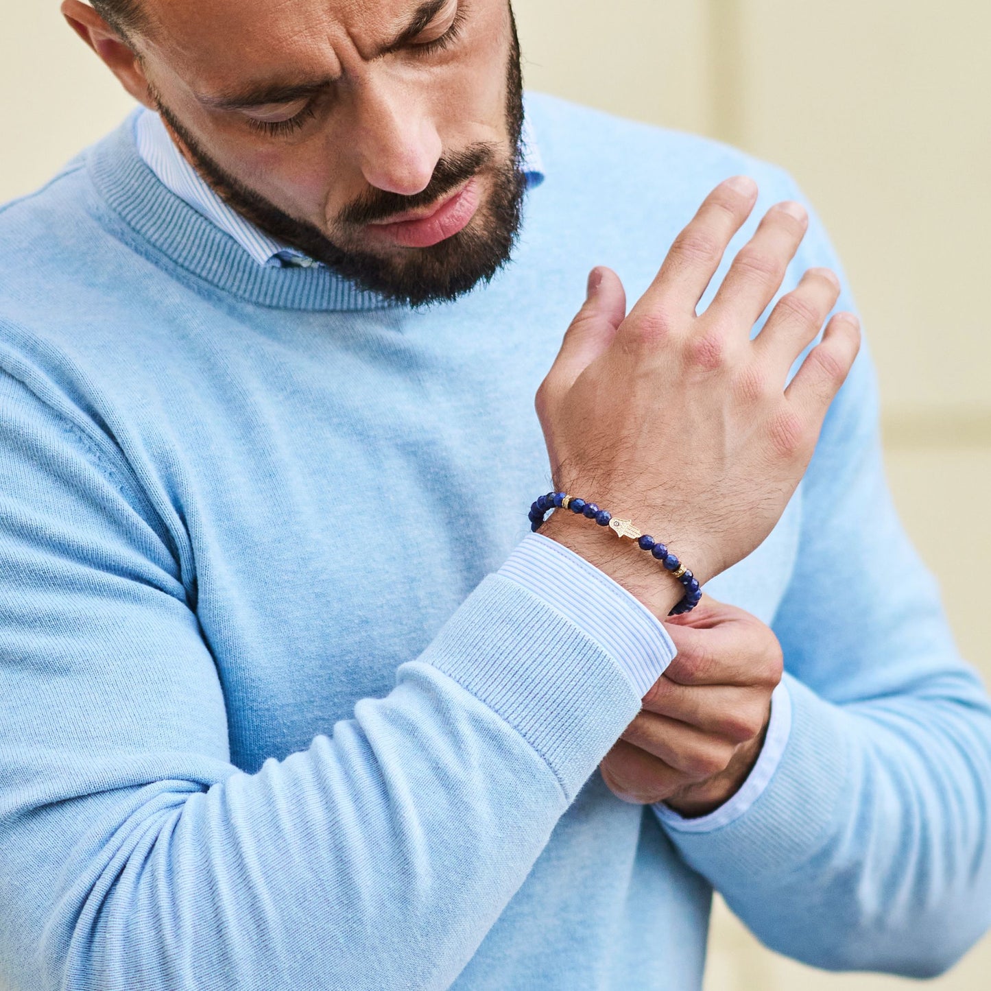 Men's LAPIS LAZULI Bracelet with Golden HAMSA Hand