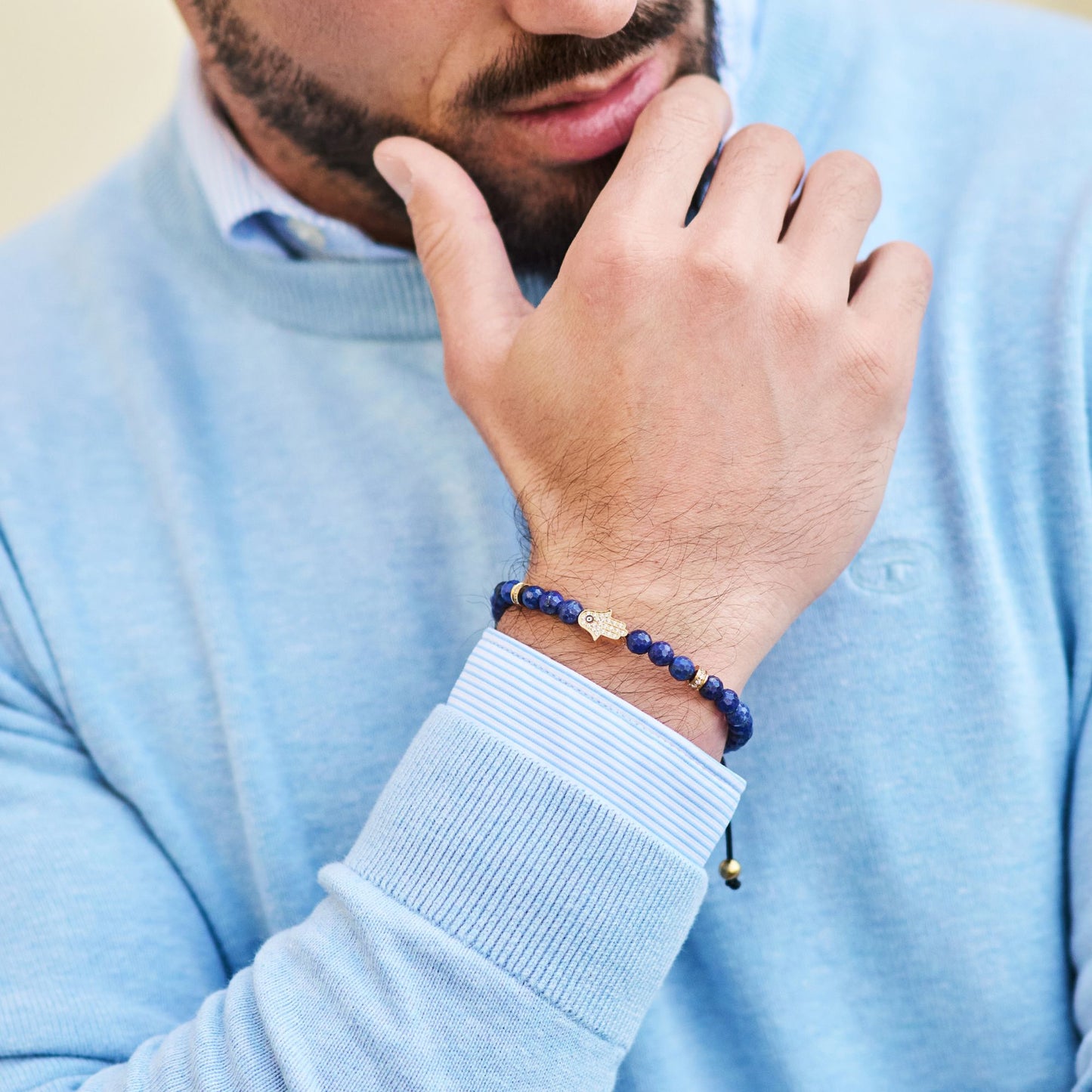 Men's LAPIS LAZULI Bracelet with Golden HAMSA Hand