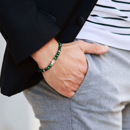 Men's GREEN TIGER EYE Bracelet with Silver HAMSA Hand