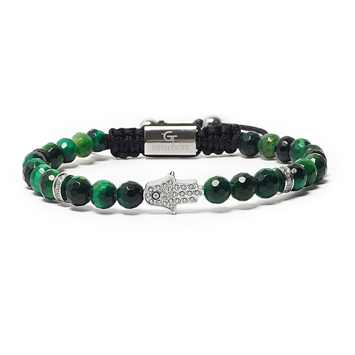 Men's GREEN TIGER EYE Bracelet with Silver HAMSA Hand