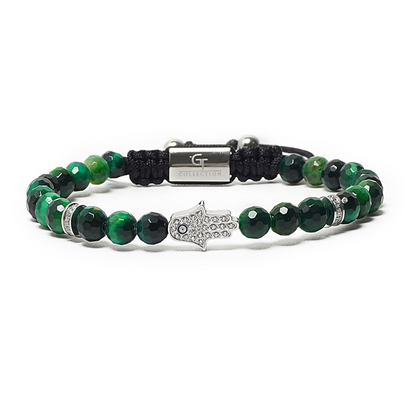 Men's GREEN TIGER EYE Bracelet with Silver HAMSA Hand