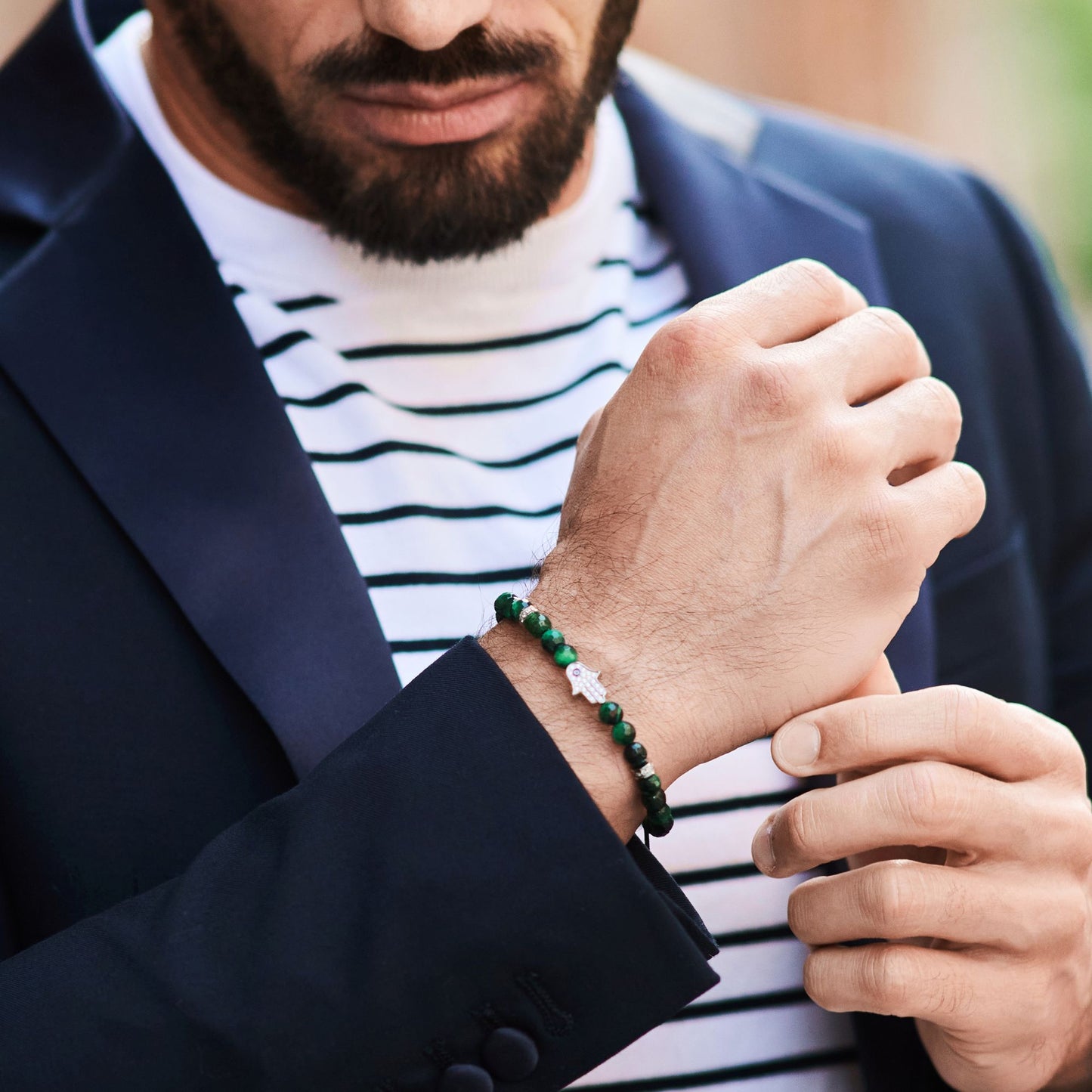 Men's GREEN TIGER EYE Bracelet with Silver HAMSA Hand